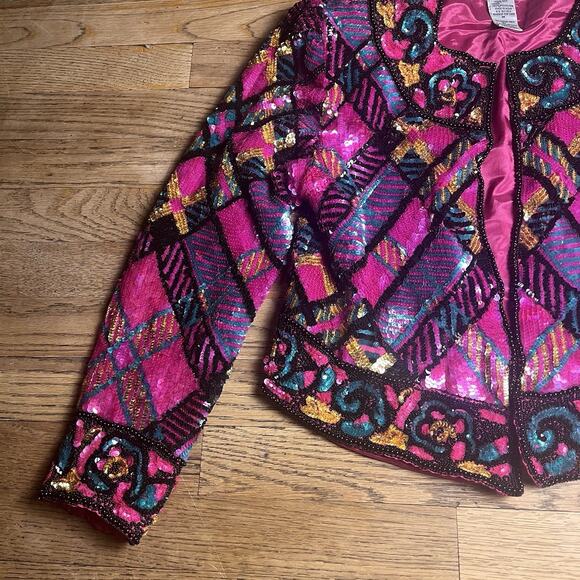 Vintage Niteline Sequin Blazer Silk Jacket Pink Party Evening 90s Womens Medium - Picture 13 of 16